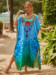 Boho Cover Up Dress Colorblock Leopard Print Bat Sleeve V Neck
