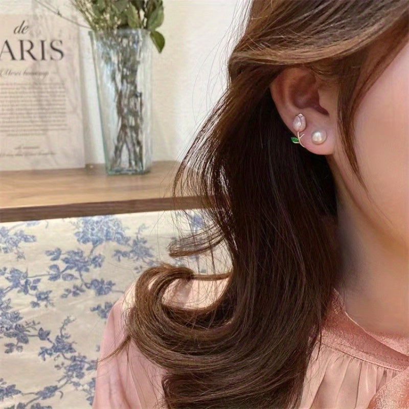 Pink Tulip Flower Stud Earrings with Faux Pearls