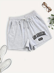 Los Angeles Letter Print Hotpants Drawstring Waist Casual Shorts