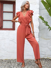 Ruffle Trim Tie Waist Jumpsuit Solid V neck Straight Leg Jumpsuit