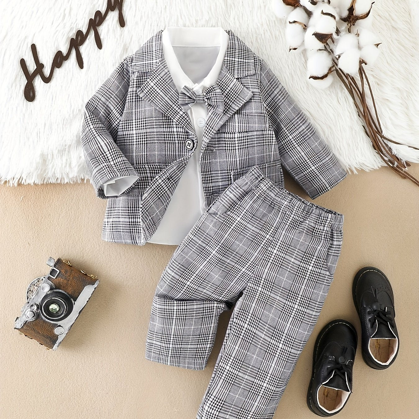 Baby Boy Plaid Suit Jacket & Bow & Shirt & Trousers Set