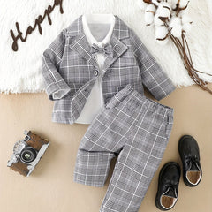 Baby Boy Plaid Suit Jacket & Bow & Shirt & Trousers Set