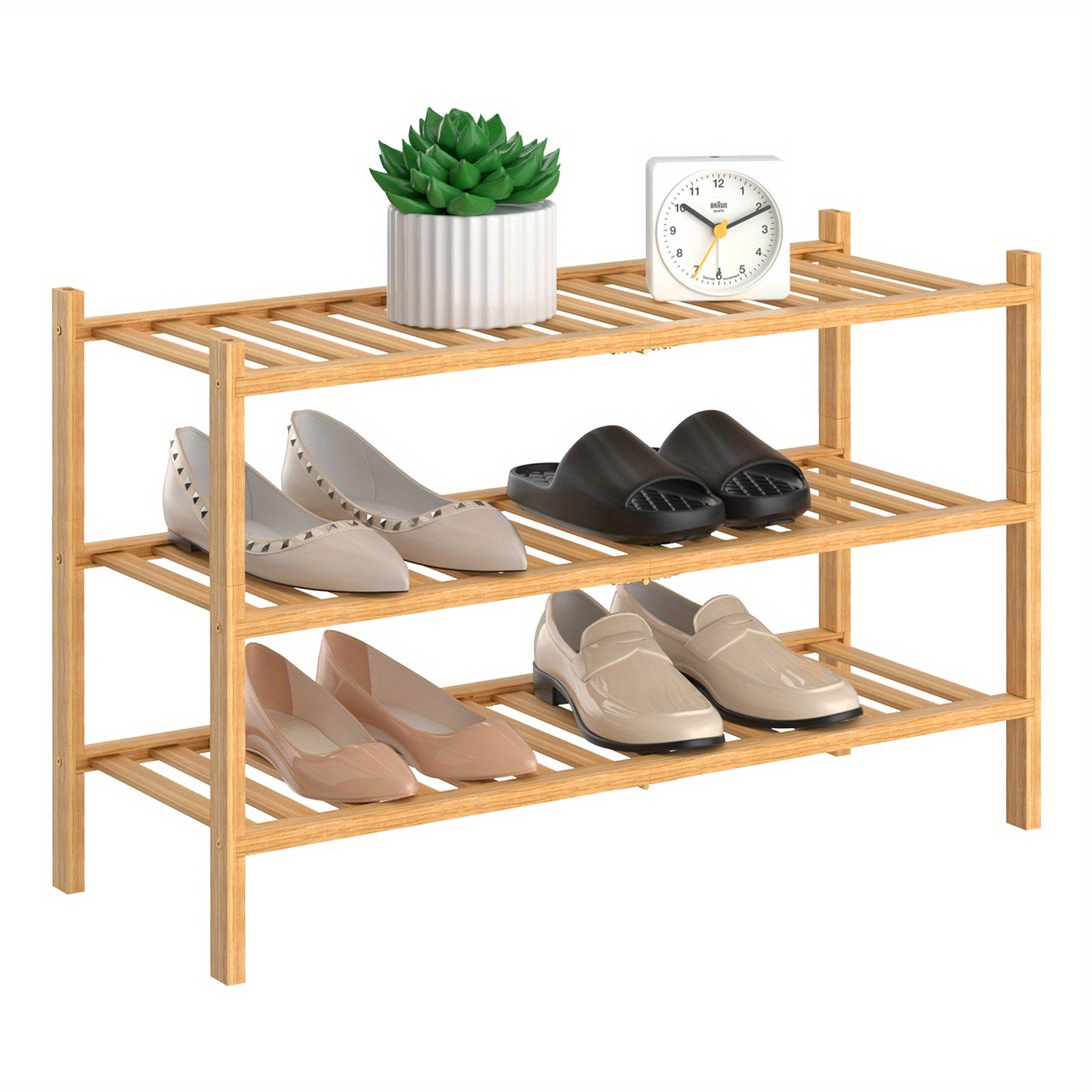 3 Tier Bamboo Shoe Rack Entryway Stackable Shoe Shelf Durable Shoe Storage