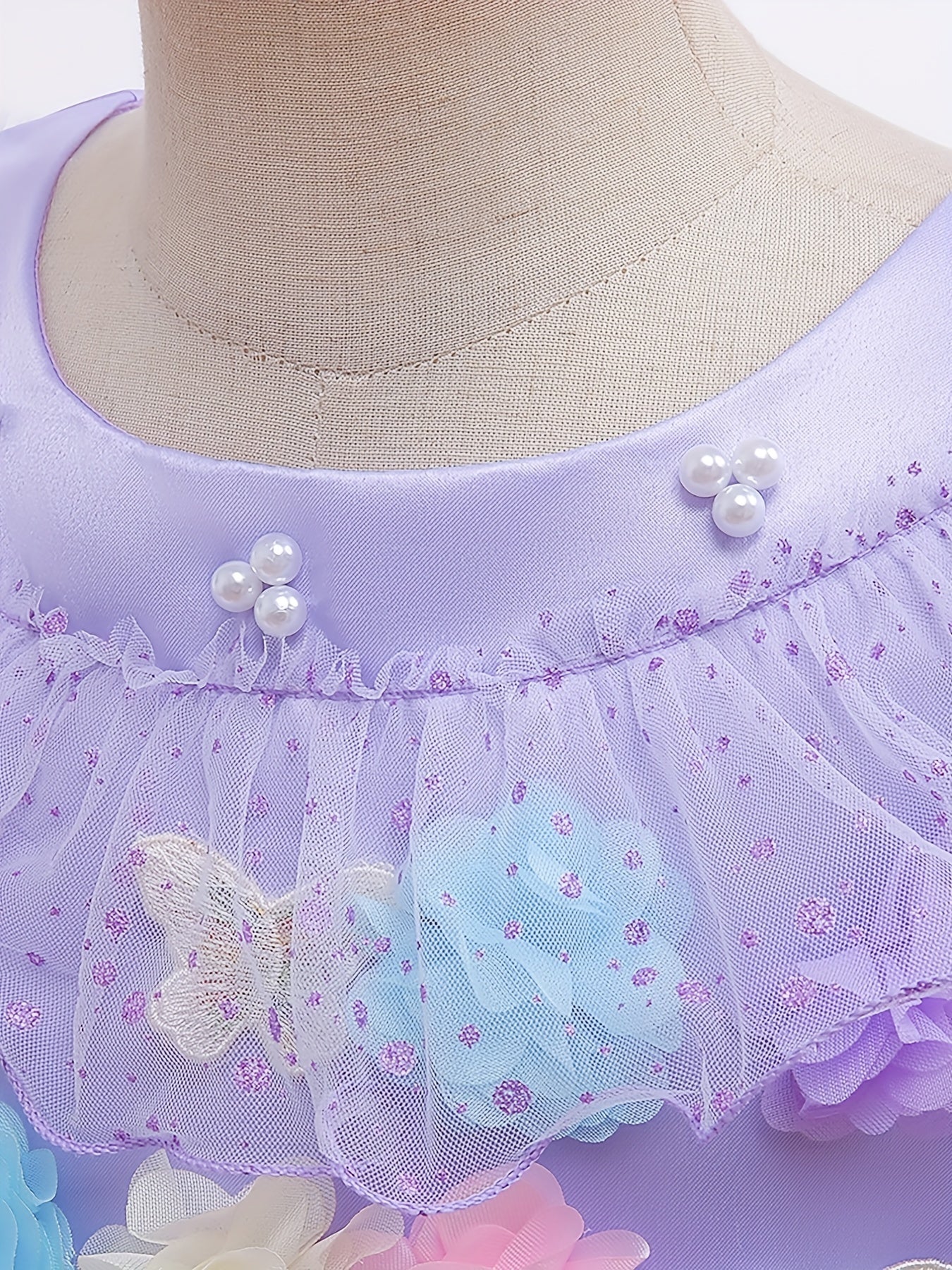 Girls Princess Lace Sleeve Dress Tulle Flowers Embroidery Halloween Costume