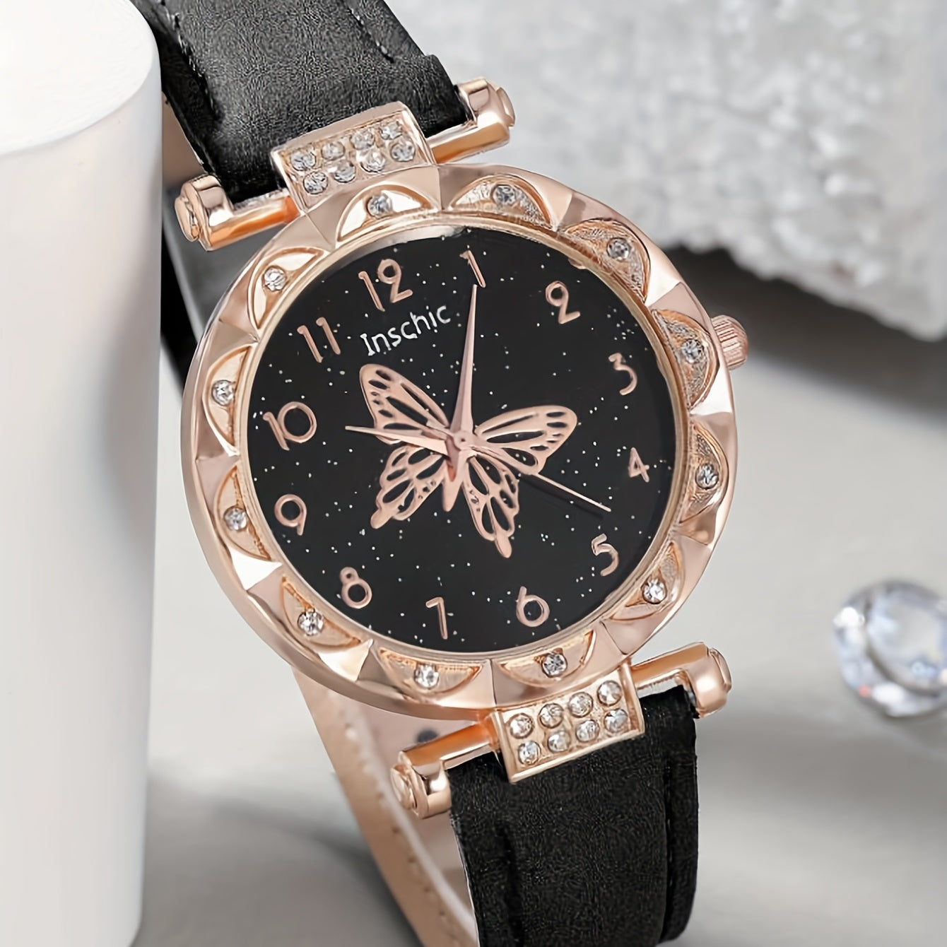 Butterfly Quartz Watch & Rhinestone Jewelry Set