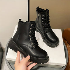 Women's Plush Lined Combat Boots Lace Up Side Zipper Winter Ankle Boots