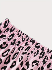 Girls Leopard Print Pajamas Set with Cat Cartoon Top