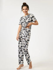 Women's Cow Print Pajamas Set Top & Pants Short Sleeve Loose Long
