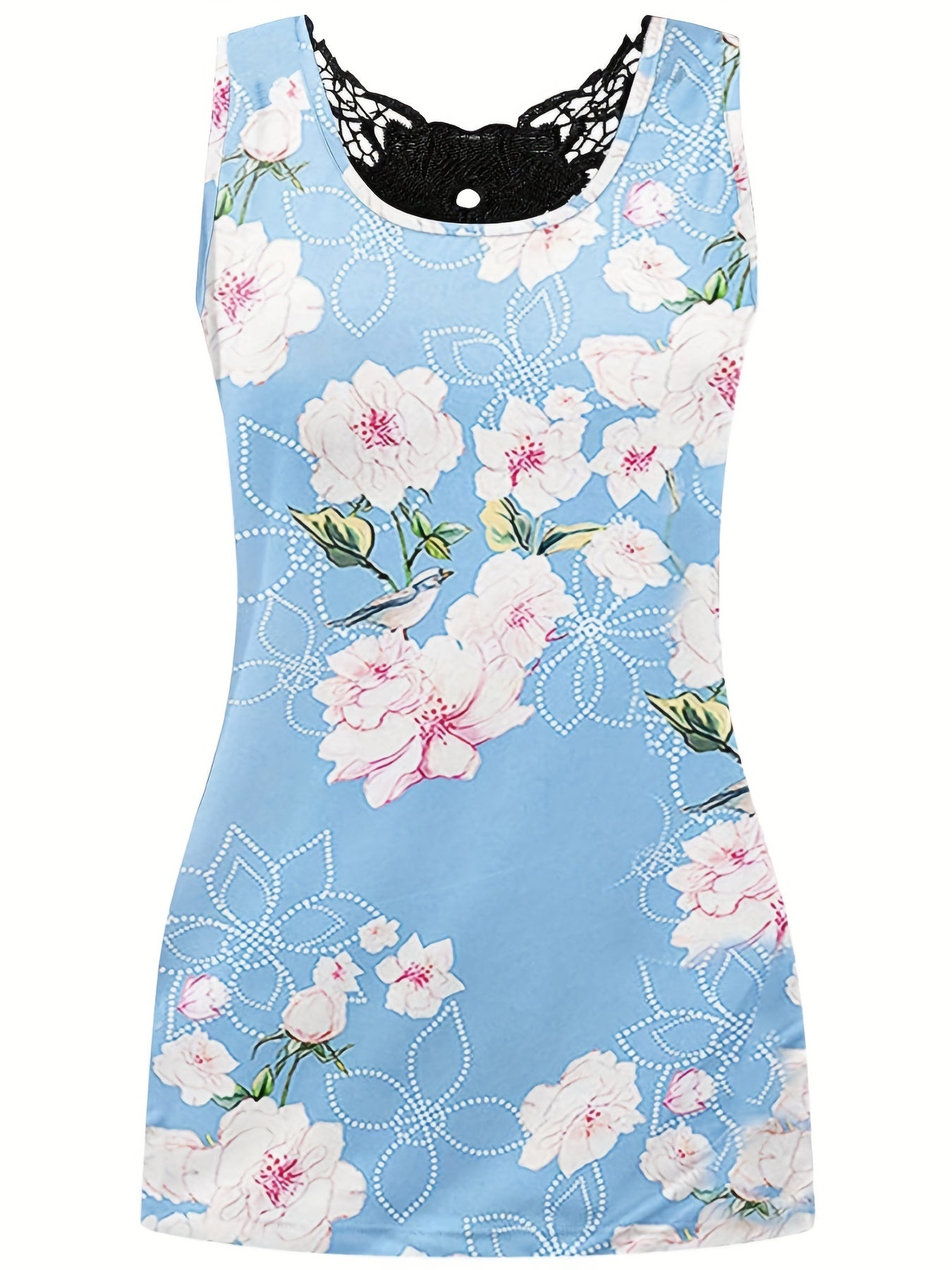 Floral Print Lace Tank Top Crew Neck Summer Sleeveless