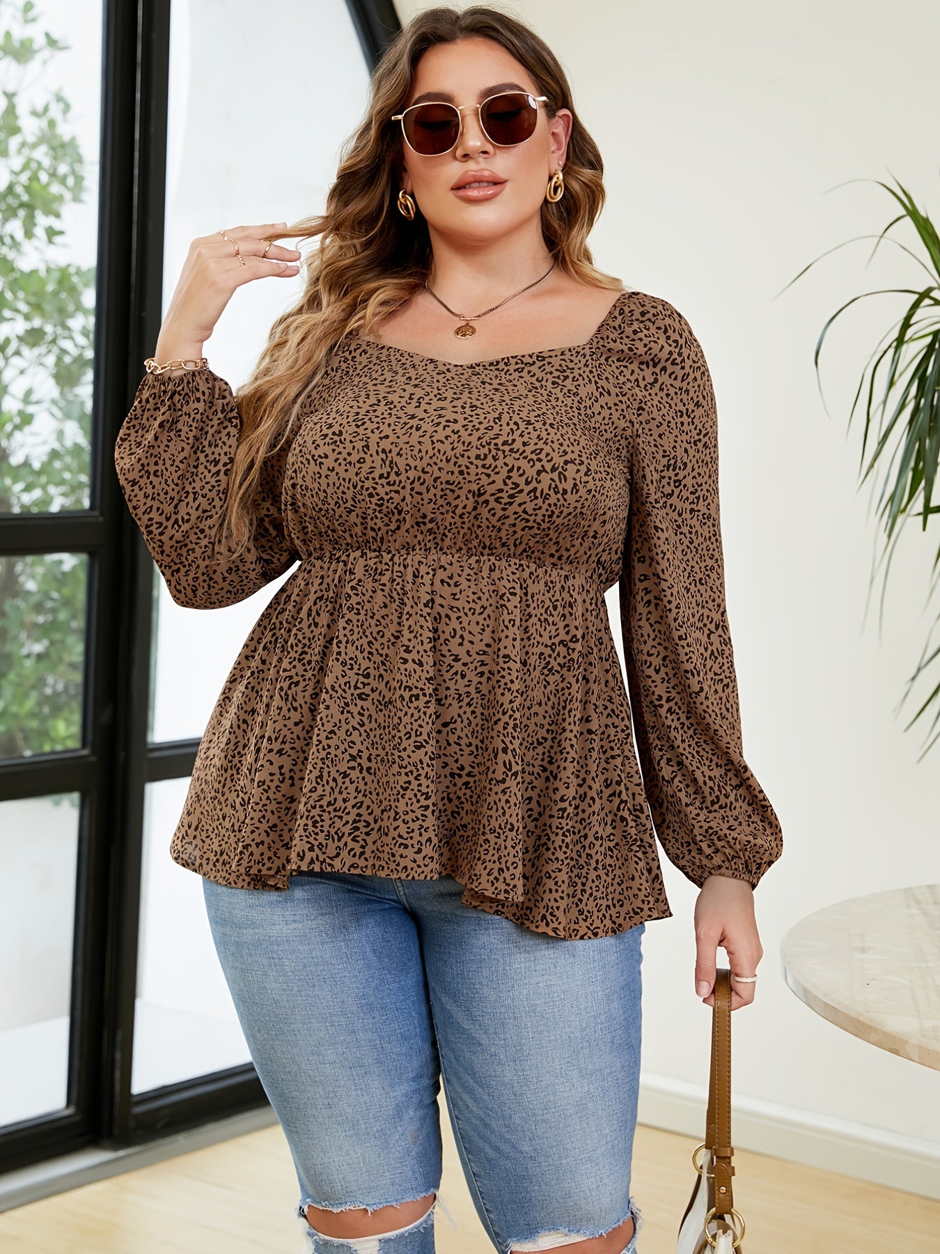 Leopard Print Long Sleeve Peplum Top Women's Plus