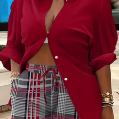 2 Piece Button Up Blouse & Plaid Print Set