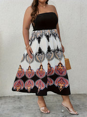 Boho Dress Women's Plus Colorblock Tribal Print Shirred Tube A Line