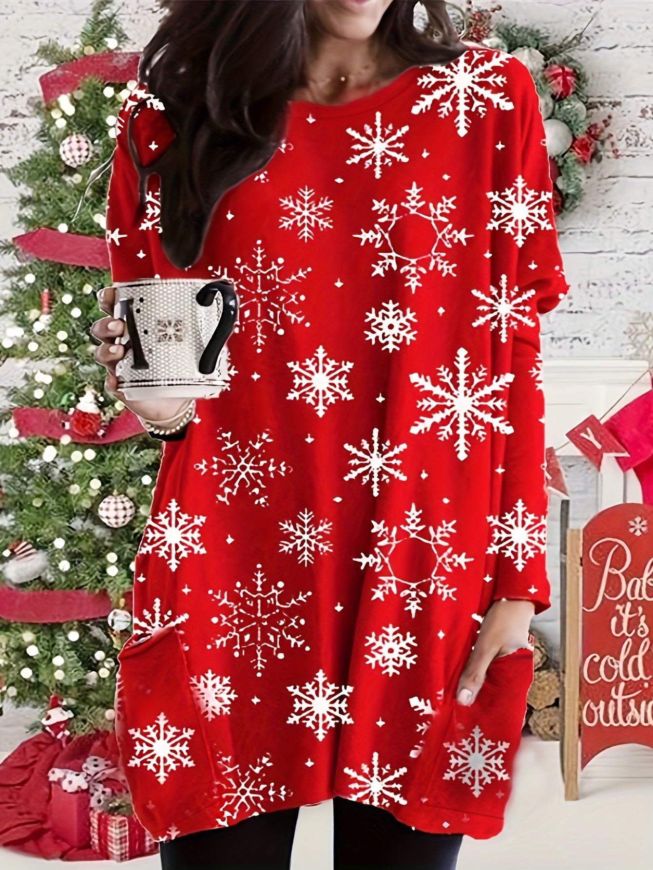 Women's Snowflake Print Long Sleeve Mini Dress With Pockets