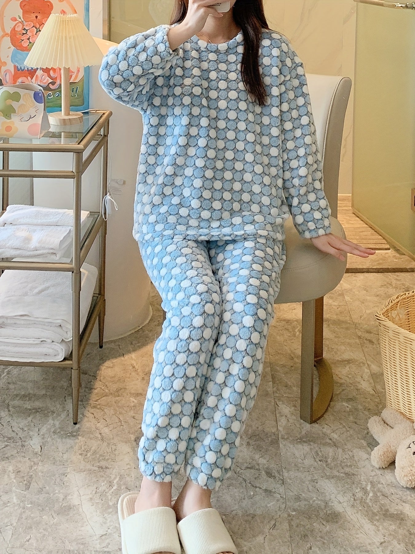 Polka Dot Fuzzy Pajama Set Women's Sleepwear