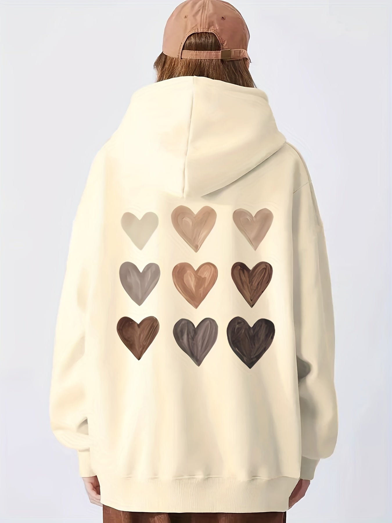Hearts Print Hoodie Long Sleeve Casual Sweatshirt Women's Clothing
