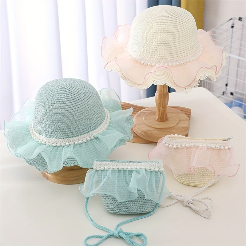 Summer Pearl Lace Straw Hat Bag Set Princess Girl Travel Sun Hat