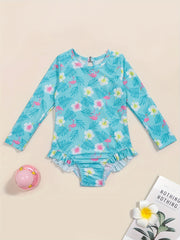 Girls One Piece Swimsuit Flamingo Tropical Flowers Long Sleeve