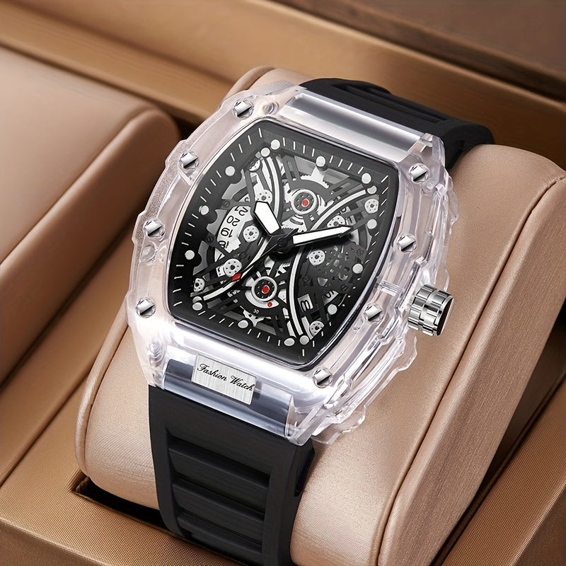 Men's Transparent Silicone Waterproof Wine Barrel Quartz Watch