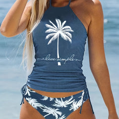 Coconut Tree Tankini Sets Halter Drawstring Tie Swimsuit