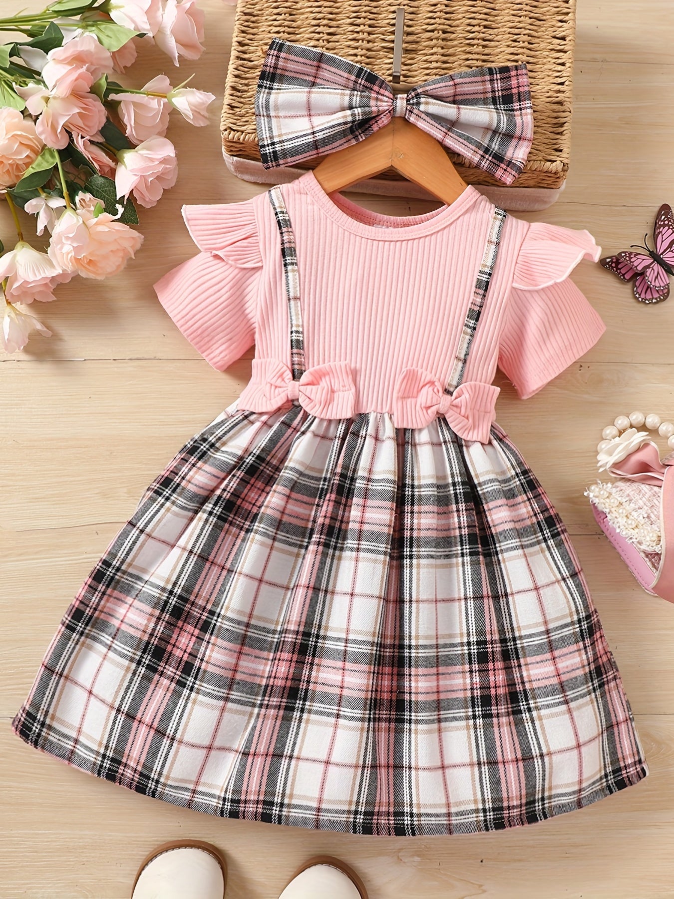 Toddler Girls Short Sleeve Plaid Graphic Bow Front Princess Tee