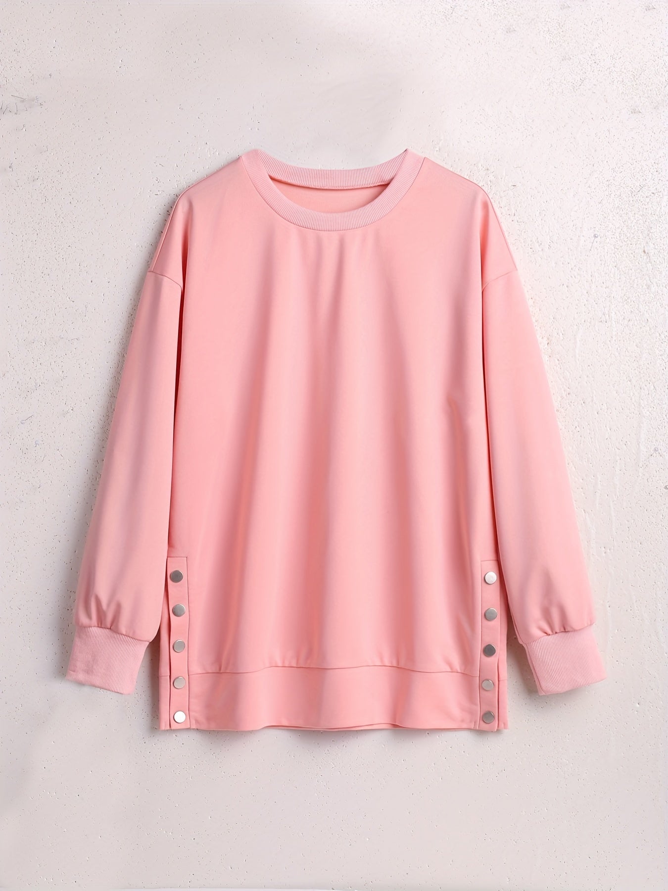 Solid Button Side Sweatshirt Casual Long Sleeve Crew Neck Sweatshirt Women's Clo
