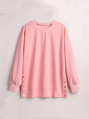 Solid Button Side Sweatshirt Casual Long Sleeve Crew Neck Sweatshirt Women's Clo