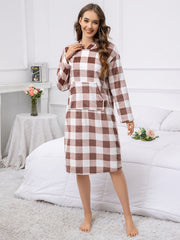 Plaid Hooded NightDress Long Sleeve Pajama Dress