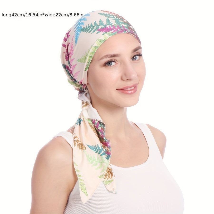Stripe Leaf Print Bonnet Silk Head Wrap Boho Turban Soft Head Scarf