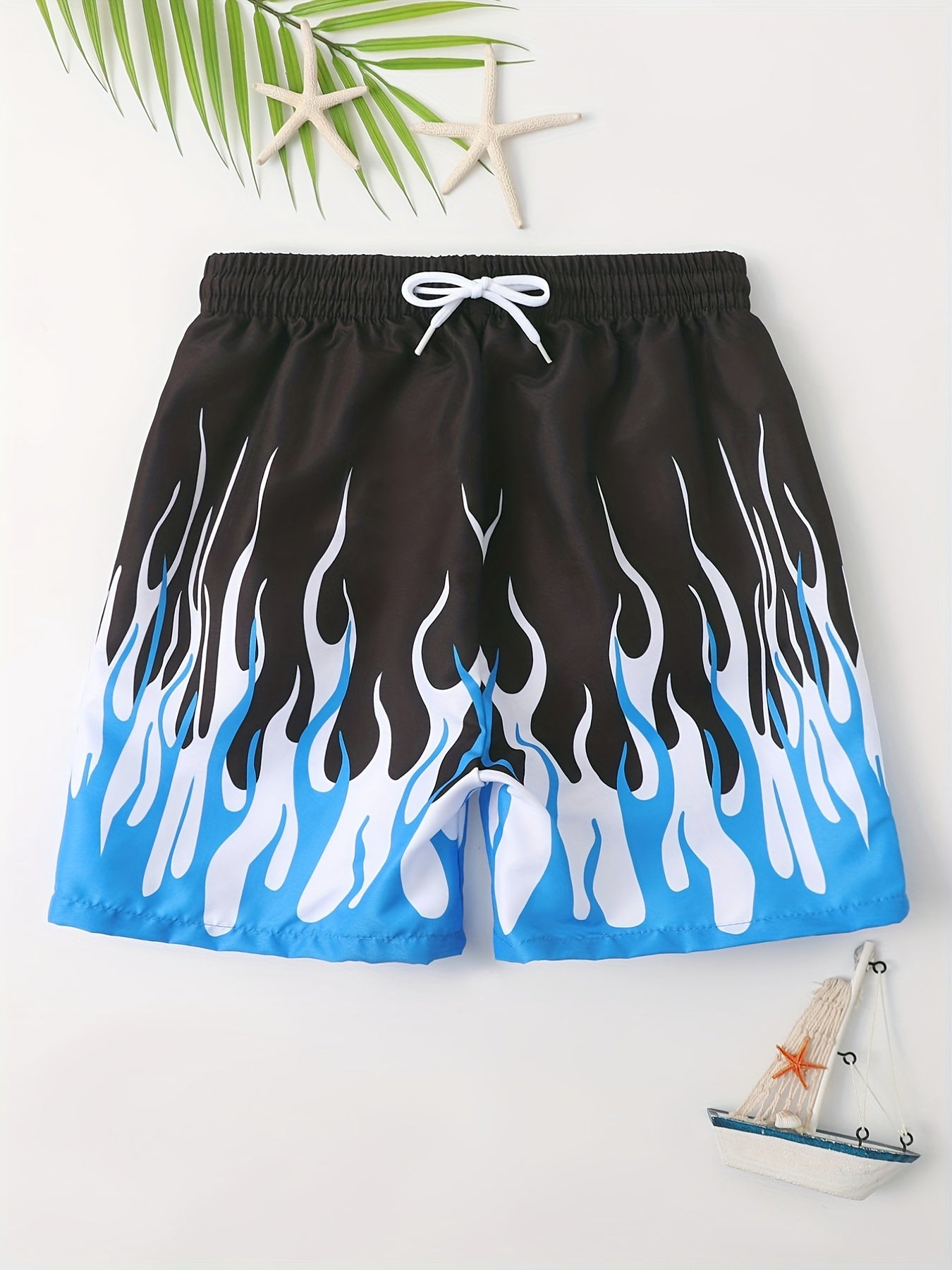 Boy's Fire Pattern Swim Trunks Elastic Waist Beach Shorts