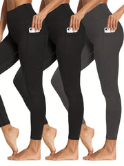 3 Pack Plus Size Sports Leggings Women's Plus Solid Pipping High Stretch