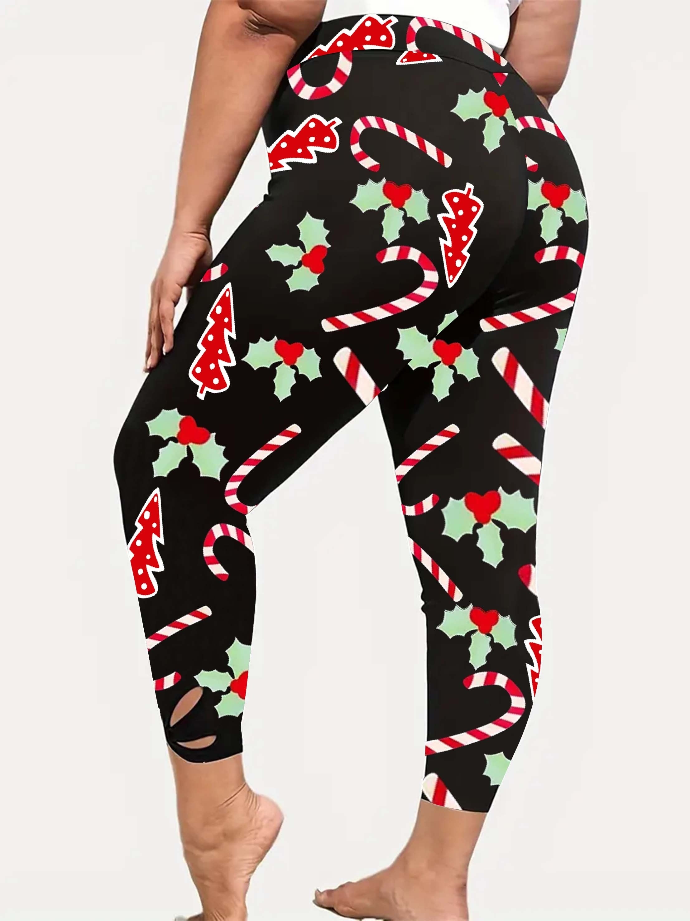 Women's Plus Christmas Candy Print Side Cut Out High Rise Skinny Trousers