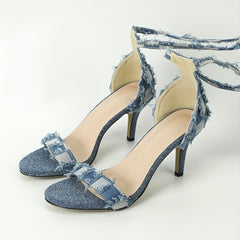 Women's Plaid Stiletto Heels Denim Tassel Pumps