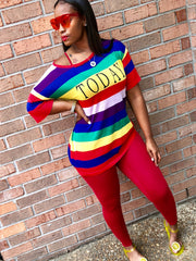 Women's Rainbow Striped Short Sleeve T-shirt & Solid Pants Set