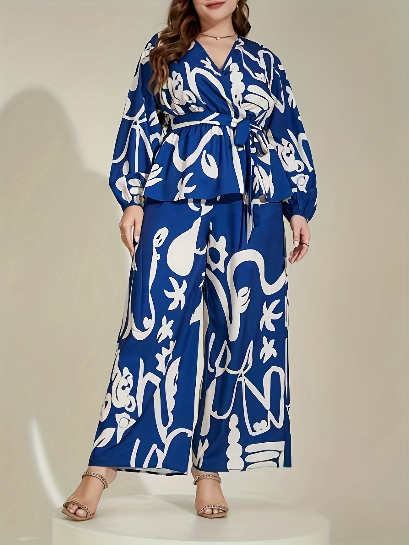 Abstract Print Lantern Sleeve Top & Pants Set