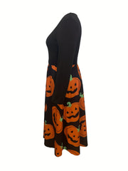 Pumpkin Print Long Sleeve A line Dress With Belt