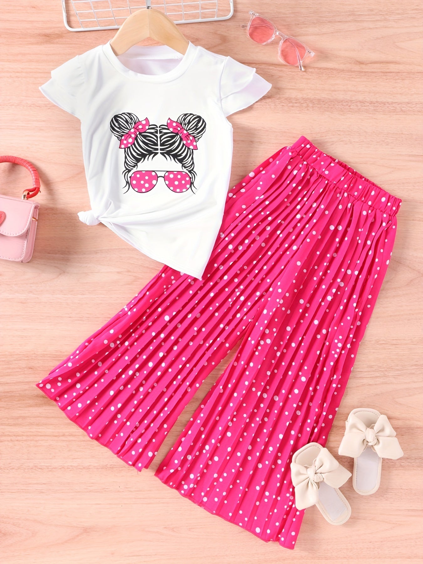 Girls Pretty Girl Graphic Print T shirt & Leopard Wide Leg Pants Set