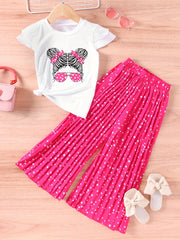 Girls Pretty Girl Graphic Print T shirt & Leopard Wide Leg Pants Set