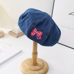 Pink Bowknot Patch Beret Denim Painter Cap Lightweight Hats