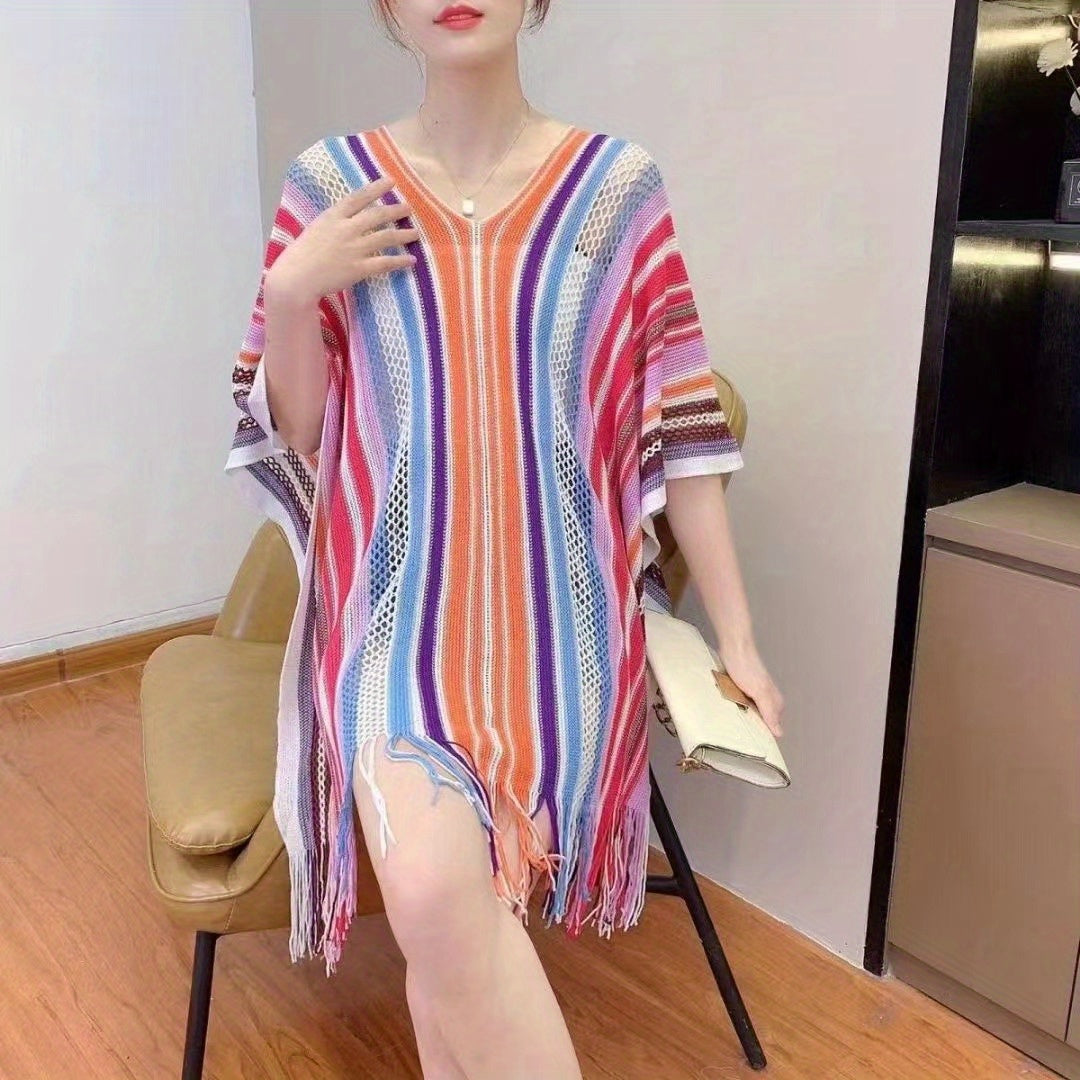 Rainbow Striped Shawl Long Fringed Wrap Hollow Out Sunscreen Shawl