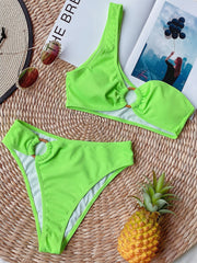 Asymmetrical Rib Knit Bikini Set Solid Ring Two Piece Swimsuit Women's Swimwear