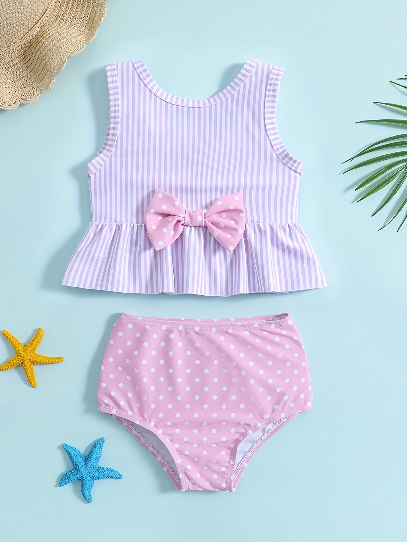 Girls Striped Sleeveless Bikini Tankini Swimsuit Set with Bowtie