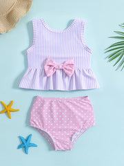 Girls Striped Sleeveless Bikini Tankini Swimsuit Set with Bowtie