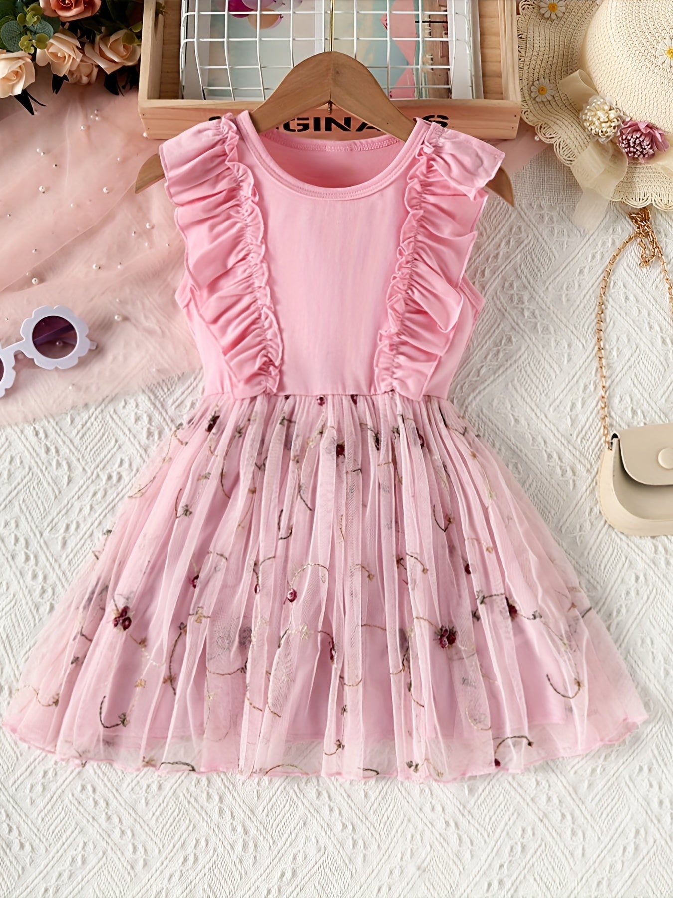 Girls Floral Print Lace Mesh Dress Kids Summer Clothing