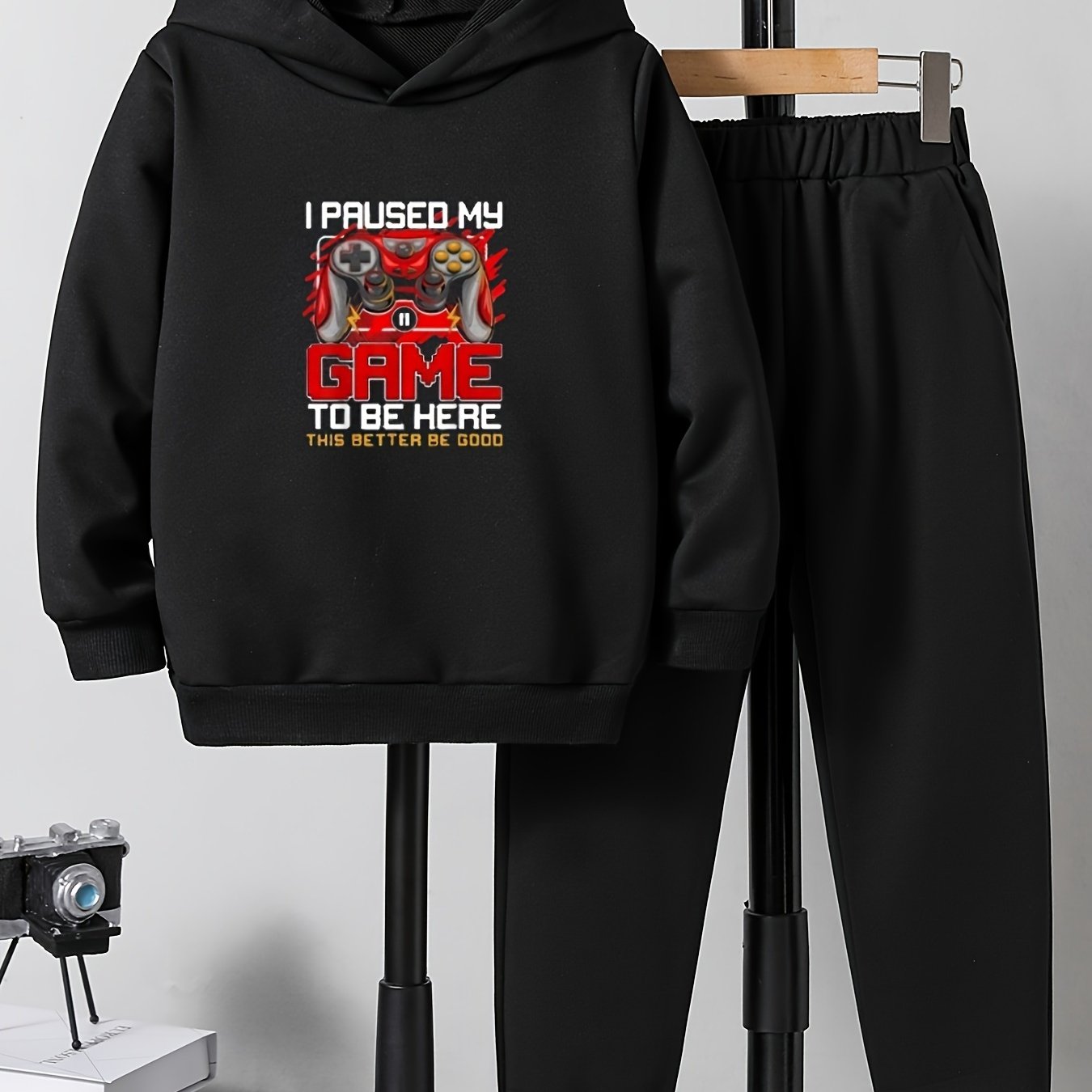 Boys Gamepad Print Hooded Sweatshirt & Sweatpants Set