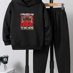 Boys Gamepad Print Hooded Sweatshirt & Sweatpants Set