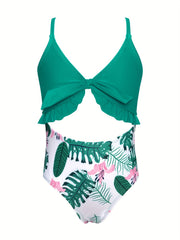 Toddler Girls Flowers Graphic Cut Out Ruffle Cami Swimsuit