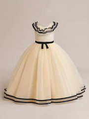 Girls Satin & Tulle Ruffle Collar Maxi Ball Gown
