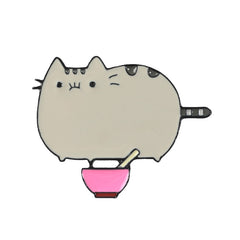 Cute Gray Cat Eating Noodle Brooch