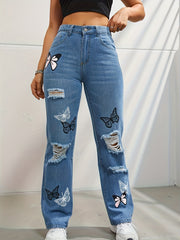 Butterfly Print Ripped Hole Straight Jeans Non Stretch