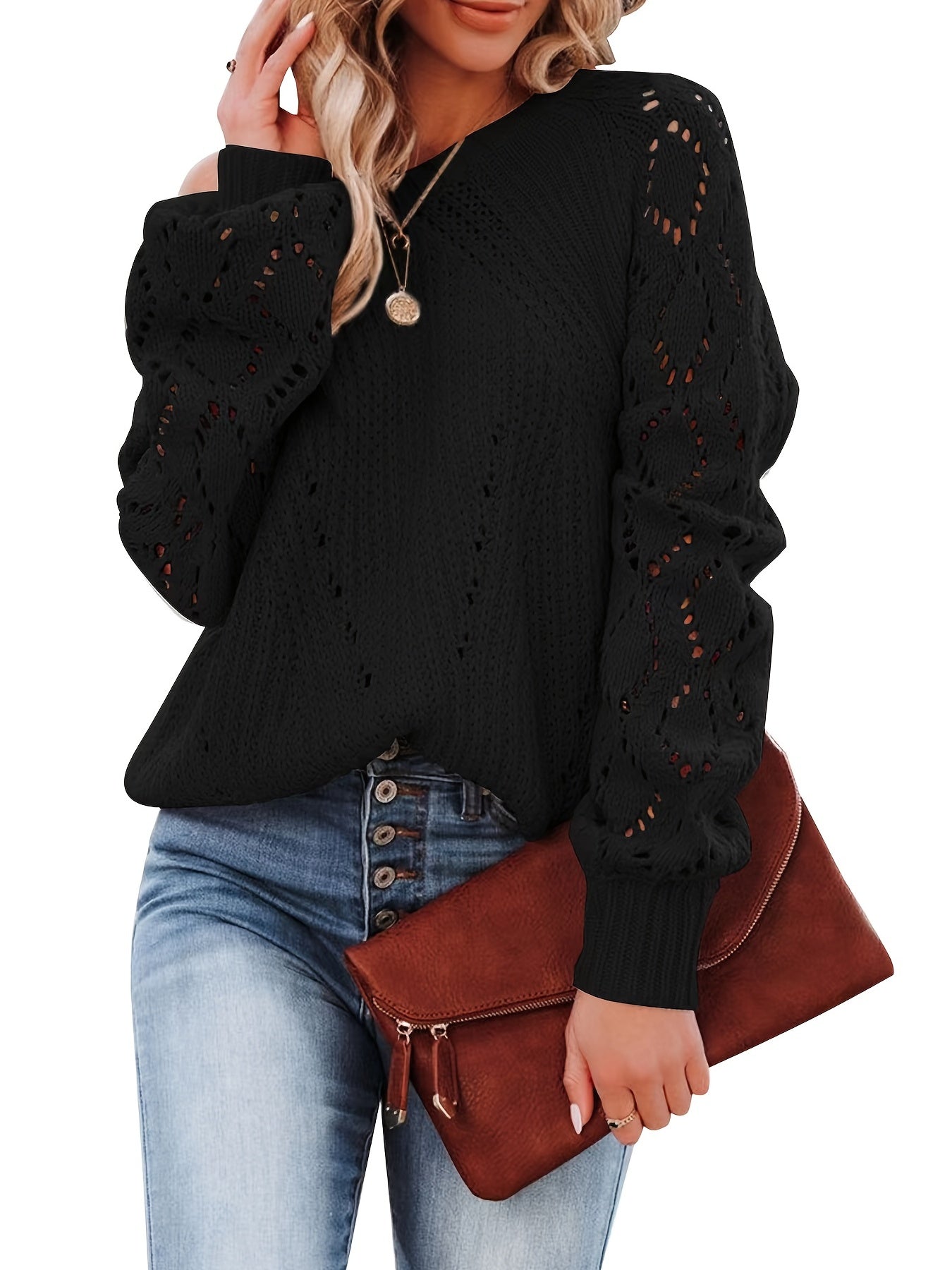 Casual Sweater Women's Eyelet Embroidered Lantern Sleeve